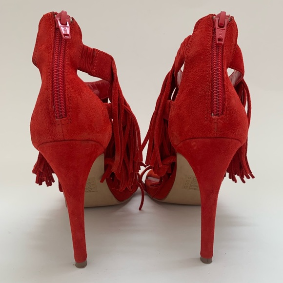 Elvio Zanon Red Suede Fringe Stiletto Heels - Boho Chic Ankle Strap Size 7 - Picture 4 of 6